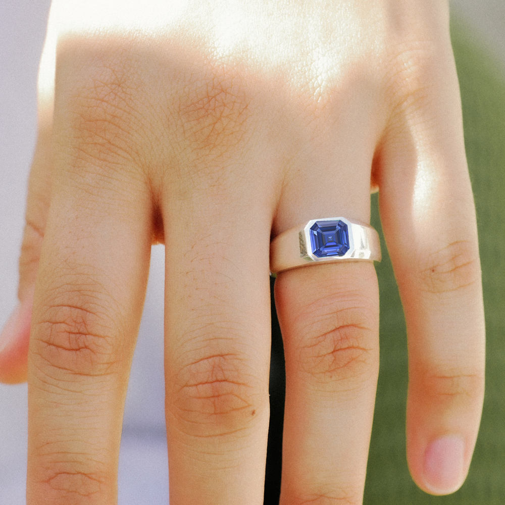 Men's Barrel-Cut Blue Lab-Created Sapphire and Diamond Accent Ring in  Sterling Silver | Peoples Jewellers